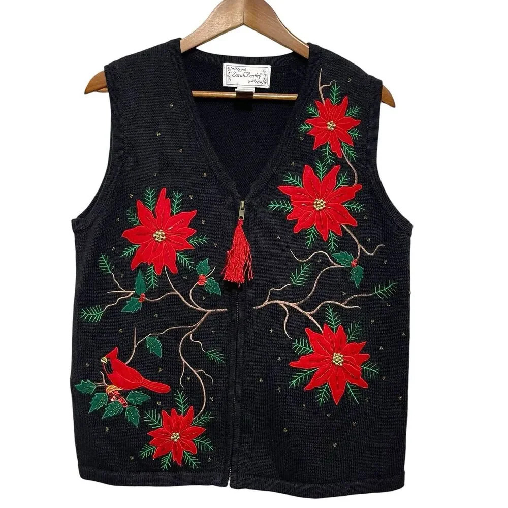 Sarah‎ Bentley Christmas Poinsettia Sweater Vest Size M Full Zip
